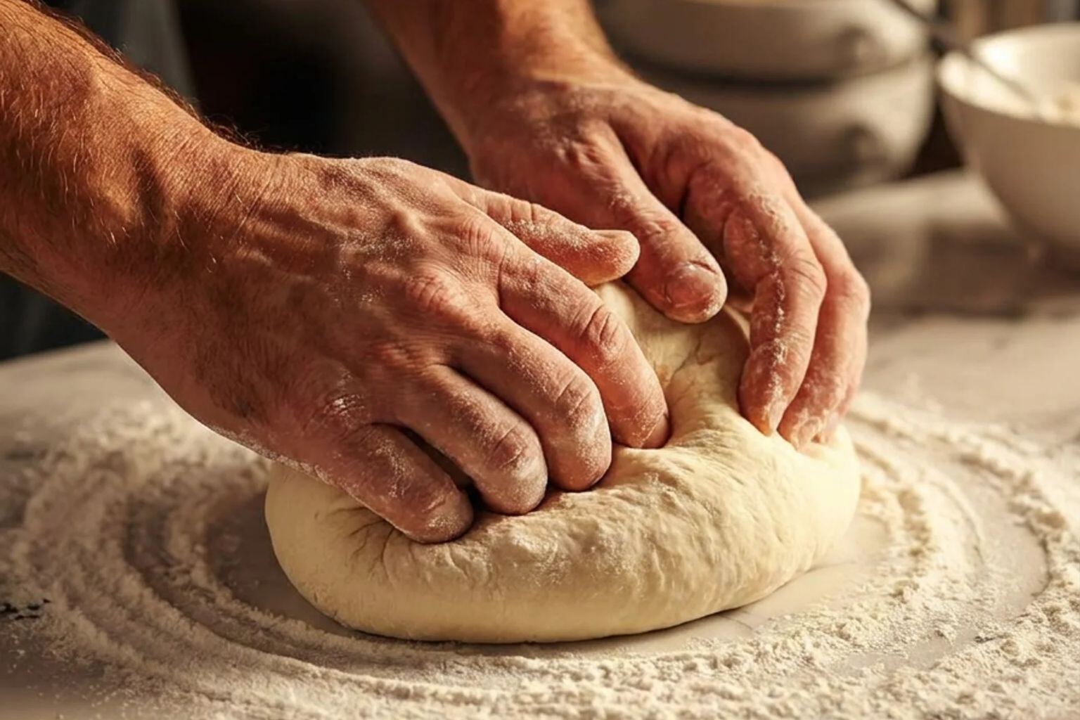 Hands kneading dough on a marble counter