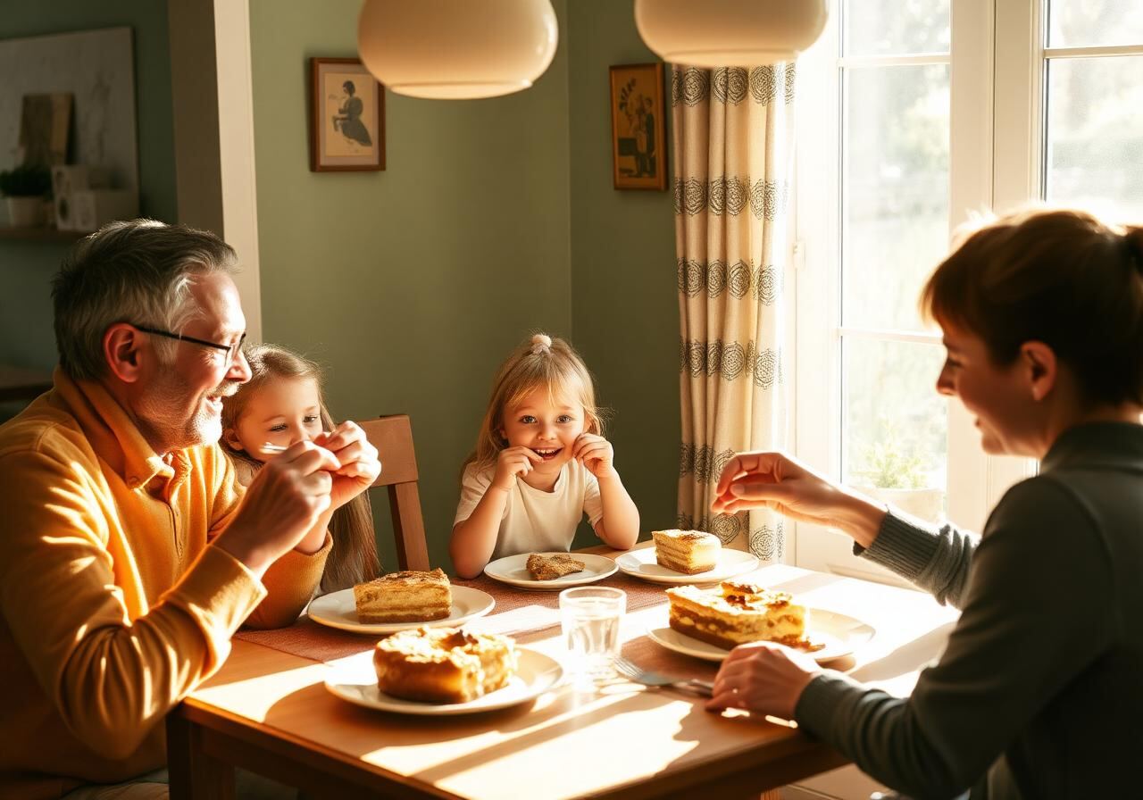 Happy family eating cake together