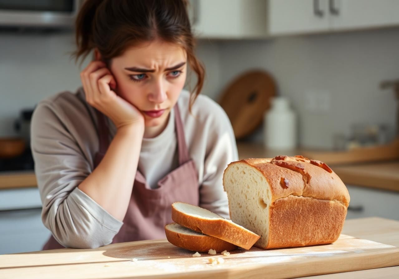 Frustrated baker looking at dense bread