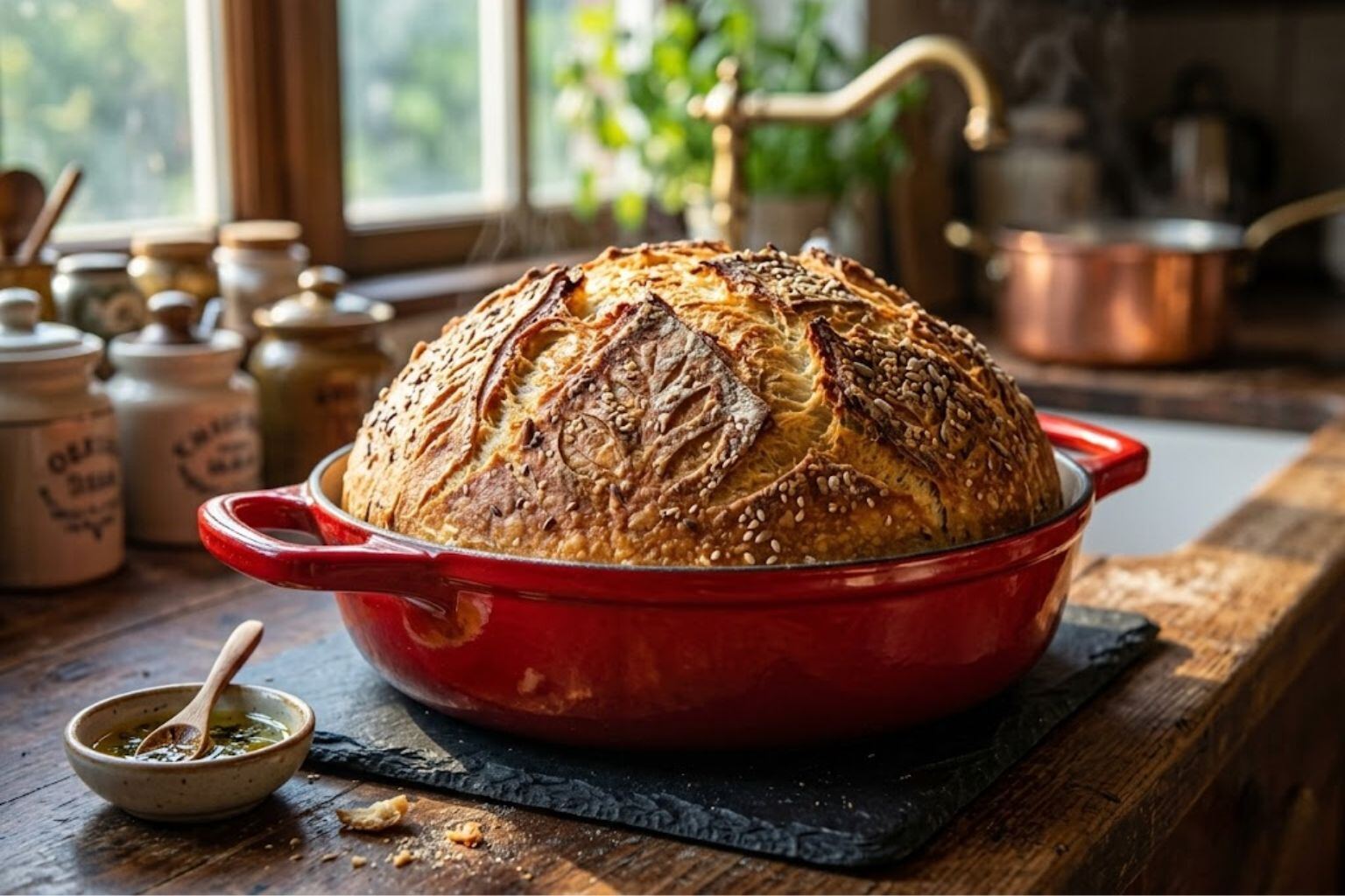 Golden gluten-free loaf in a red dutch oven